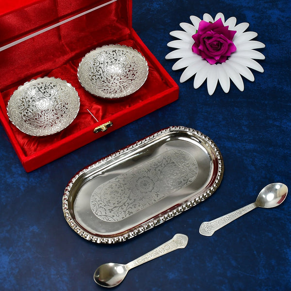 2947A Silver Plated 2 Bowl 2 Spoon Tray Set Brass with Red Velvet Gift Box Serving Dry Fruits Desserts Gift, Bartan 