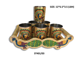 2125 Peacock Design Glass with Handle and Handicraft Serving Tray Set 